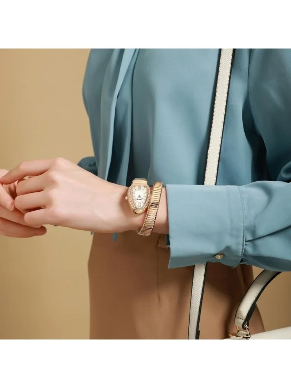 Women's Rose White Elegant Wrap Around Bangle Fashion Snake Cuff Wrist Watches
